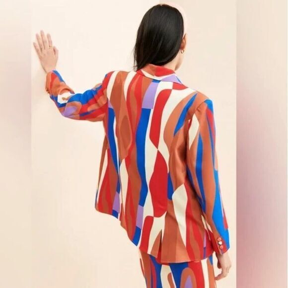 New! Hosbjerg Anthropologie Greta Adele Blazer geometric abstract print red blue - Picture 2 of 16